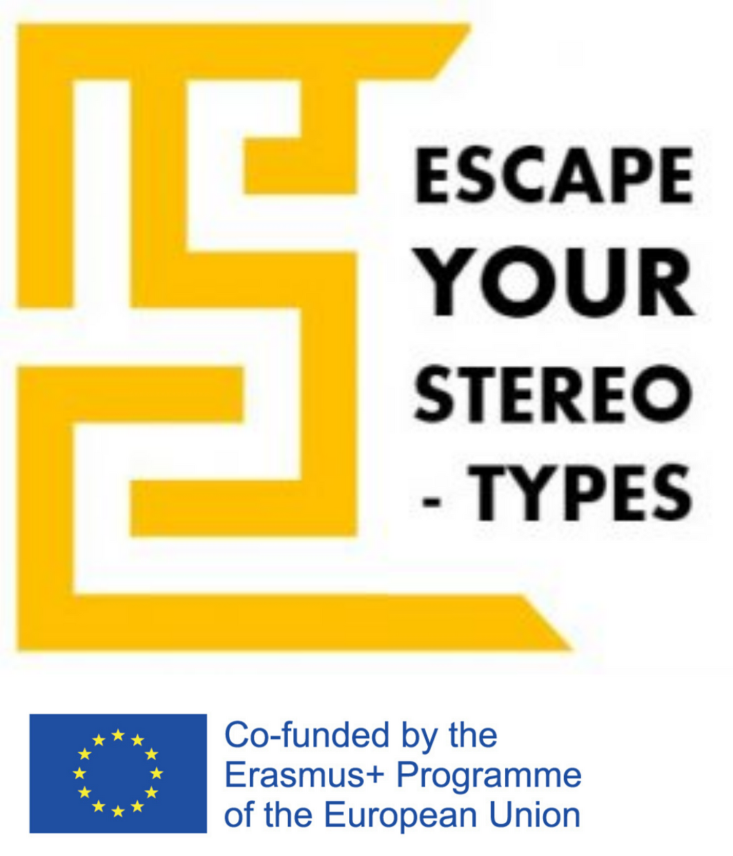 (Français) Logo Escape Your Stereotypes Project co-funded by the Erasmus+ Programme of the European Union. The goal of Escape your Stereotypes project is to create an educational escape game focused on interculturality and the fight against prejudices and stereotypes. Escape your Stereotypes project is supported by the Erasmus+ programme of the European Commission.